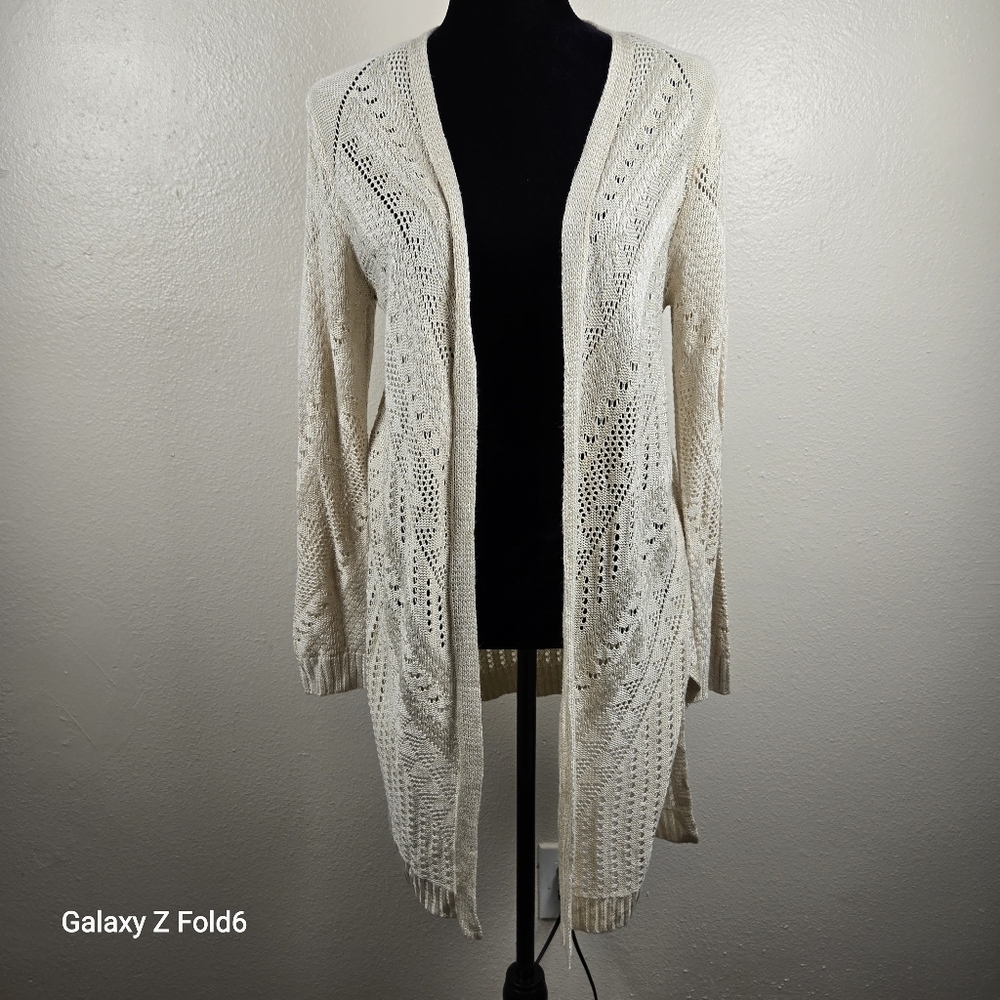 Love‎ Ellie Open Knit Cardigan Sweater Cream Long Sleeve Women’s Large